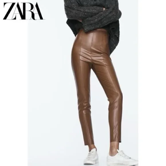 NWT ZARA CAMEL FAUX LEATHER LEGGING PANTS Size L - Picture 3 of 9